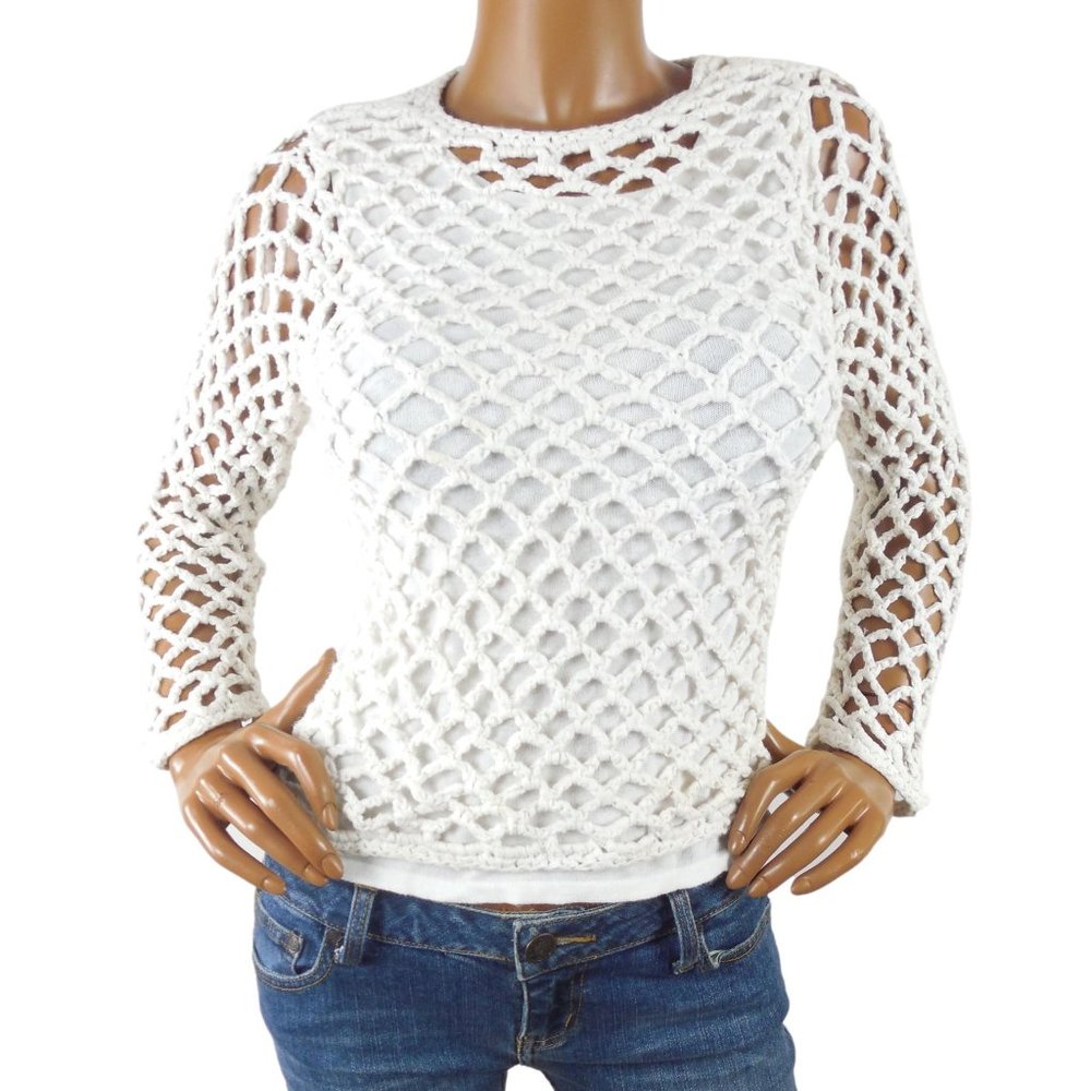 JOHN PAUL RICHARD Top M Heavy Crochet Crop Shirt w/Attached Knit Tank Casual - Picture 2 of 11